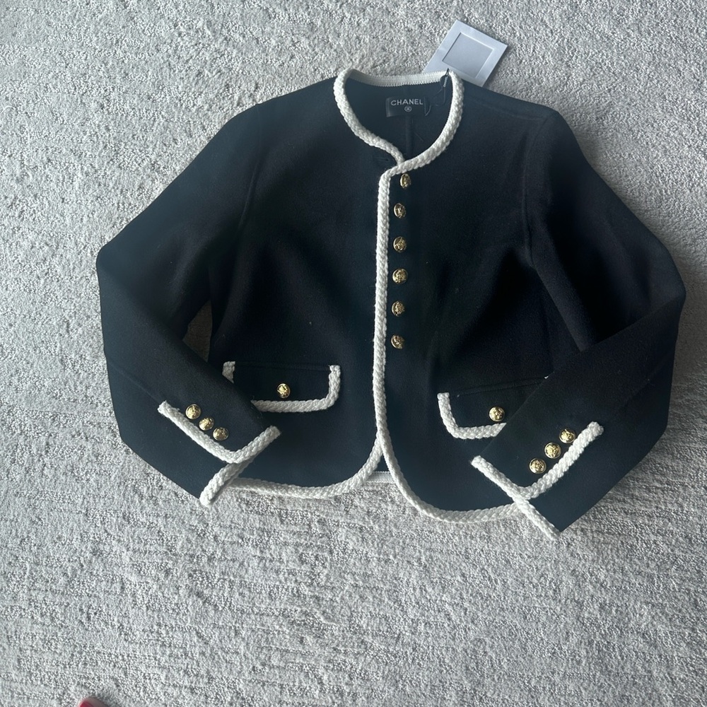Chanel Black Blazer with Gold Buttons and White Trim - Picture 5 of 7